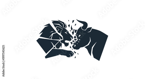 Lion and Bull Clash, Financial Market Symbolism, Aggressive Trading Concept