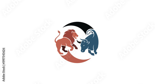 Lion and bull fighting, yin yang symbol, business concept, financial market, strength, power