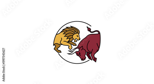 Lion and Bull Fighting in Circle - Symbol of Strength and Conflict