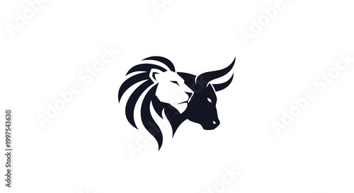 Lion and Bull Heads Facing Opposite Directions, Symbolizing Market Trends and Opposing Forces