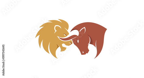 Lion vs Bull confrontation, symbol of market trends, financial power, and animalistic struggle.