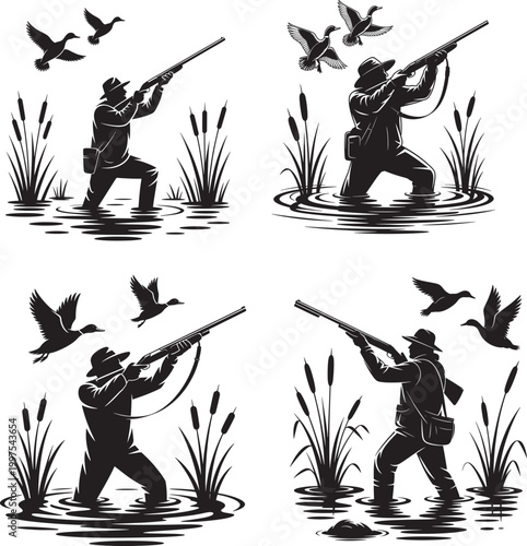 Hunter aiming shotgun at flying ducks black silhouette illustration with reeds