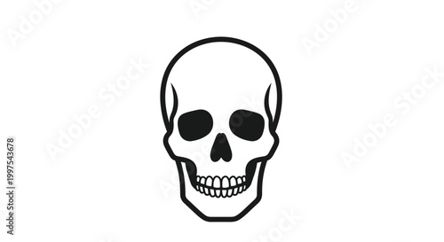 Detailed black and white silhouette illustration of a human skull facing forward showing the eye sockets, nose cavity, and teeth.