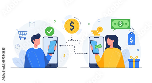 Mobile Payment and Online Money Transfer Illustration. Secure Digital Banking and E-commerce Transactions via Smartphone App.