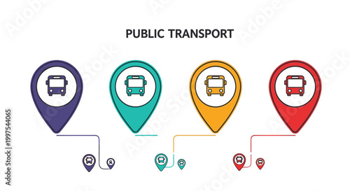 Public transport infographic showing four colorful map pins with bus icons connected by lines for routes or station locations.