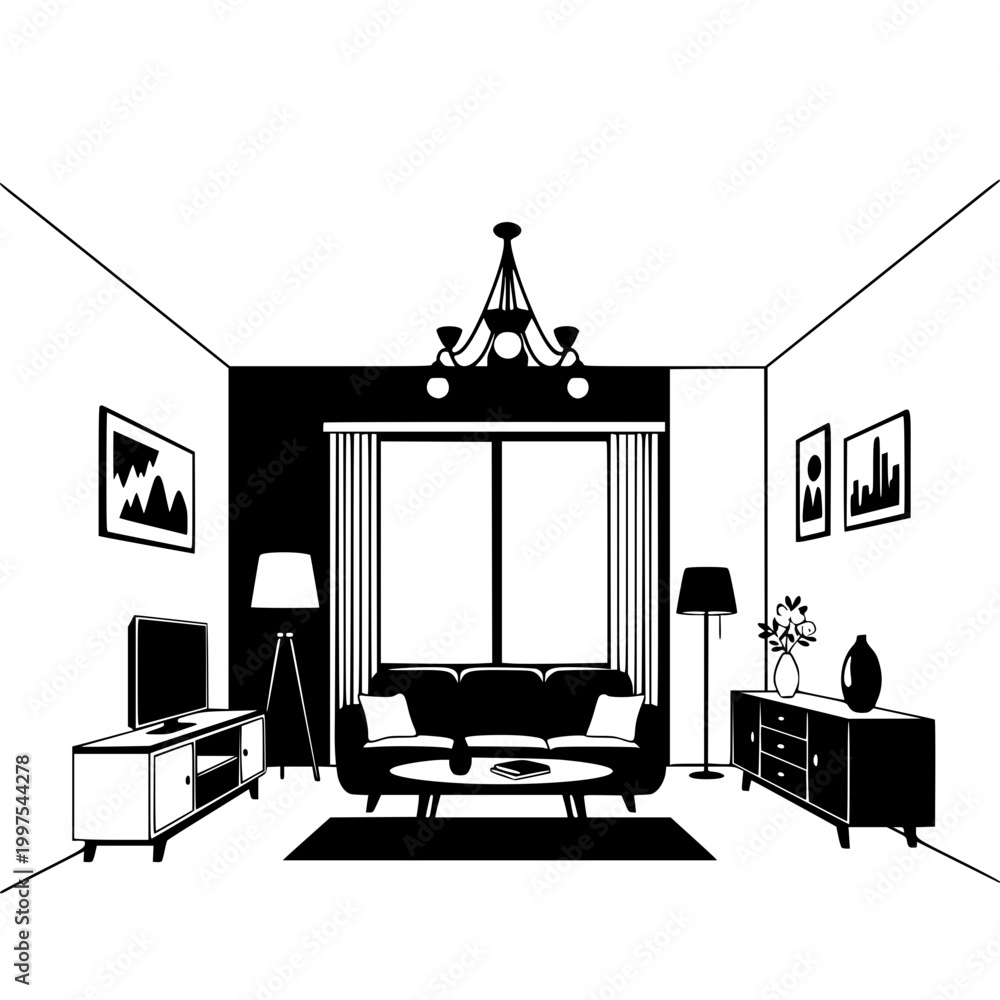 Fototapeta premium Minimalist Living Room Interior Vector Silhouette with Modern Furniture and Decor