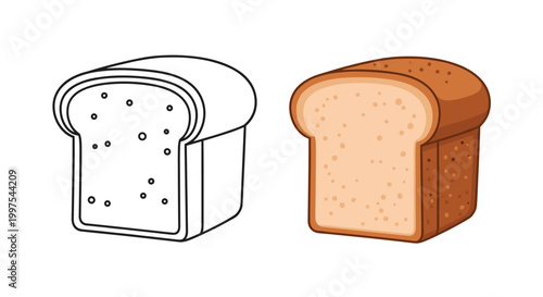 Two illustrations of a loaf of sandwich bread showing a simple black and white line drawing and a fully colored brown version.