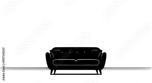 Minimalist black sofa silhouette icon on white background