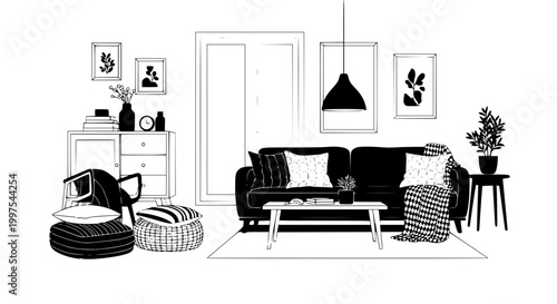 Minimalist Living Room Interior Design Line Art Illustration