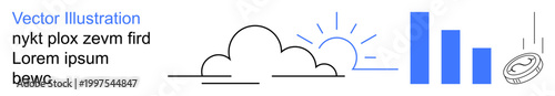Data analysis, finance management, economy trends, weather forecasting, growth tracking, cloud technology. Minimalist cloud and sun with bar graph and coin icon. Data analysis and finance management