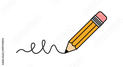 Classic yellow wooden pencil with a pink eraser drawing a black squiggly line on a white surface for writing or sketching concept.