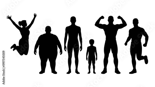 Silhouettes depicting human diversity in size and activity from jumping to running silhouettes diversity