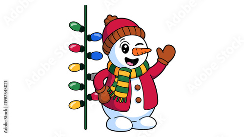 Cheerful winking snowman with christmas lights christmas greeting decoration celebration cheerful