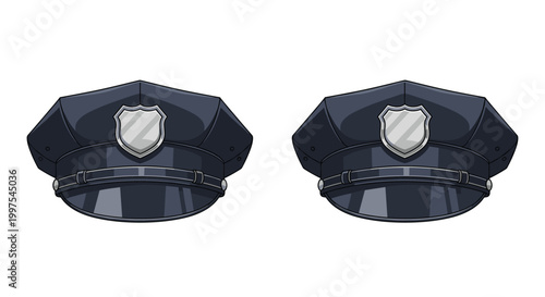 Pair of dark blue police officer hats with silver badges on the front shown from a slightly angled perspective against white.
