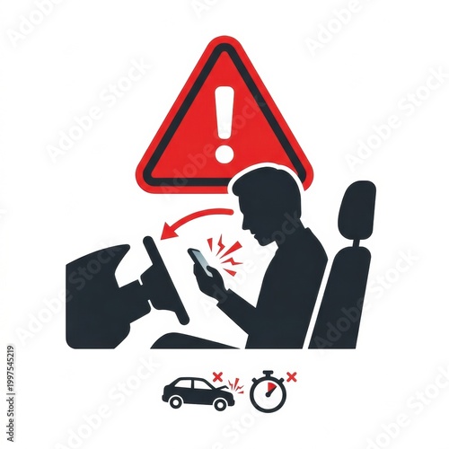 Driver Focuses on Phone While Behind the Wheel With Warning Sign About Road and Traffic Safety Displayed