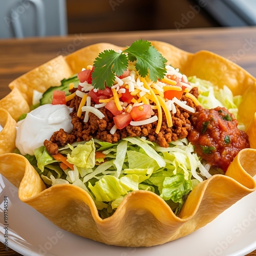 Crispy taco bowl overflowing with seasoned meat, fresh lettuce, cheese, salsa, & toppings