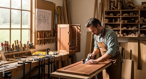 Craftsman carefully planes wood in a well-lit workshop filled with tools and lumber