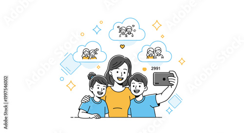 Illustration of a woman taking a selfie with two children, surrounded by thought bubbles and colorful icons, on a white background with a playful and imaginative mood.
