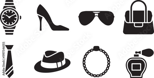Set of black silhouette representing fashion and accessories for men and women symbols