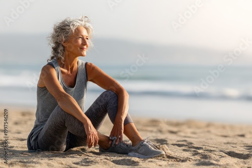 Senior woman sitting on beach after workout