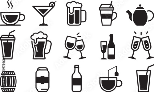 Assortment of black silhouette beverage and drink on white background