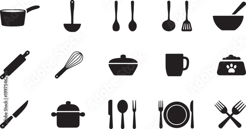 Collection of black and white silhouettes of kitchen utensils and cooking equipment on white