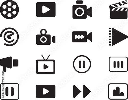 Collection of black silhouette for and media playback on white background