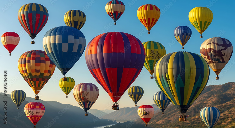 Obraz premium colorful hot air balloons floating over mountains on transparent background high quality