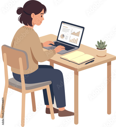 A woman works on her laptop at a desk with a notebook and plant nearby indoors.