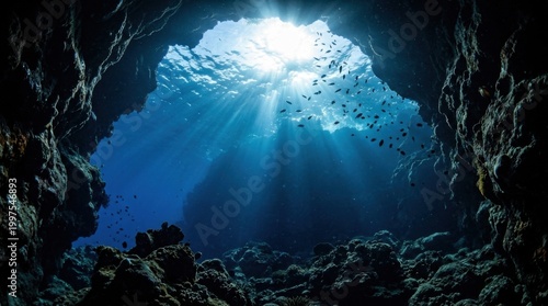 Obraz na płótnie Sunlight Beams Shining into Dark Underwater Cavern