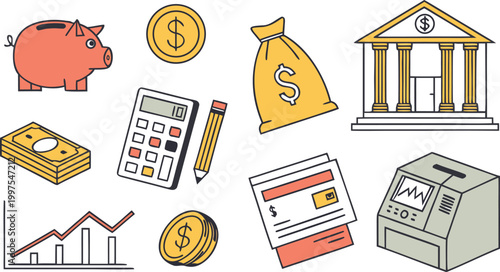 Finance and banking icon set with piggy bank, money bag, calculator, and financial symbols.