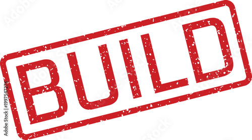 Distressed red rubber stamp displaying the word BUILD on a pristine white sheet
