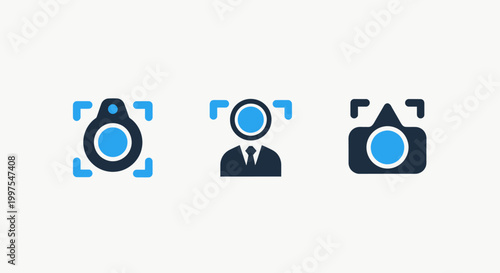 Facial recognition object target camera focus technology icons with artificial intelligence smart camera detection scanning identification biometric security technology pictogram illustration