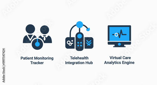 Patient monitoring tracker telehealth integration hub virtual care analytics engine icons with digital health heart rate home care telehealth healthcare technology pictogram illustration