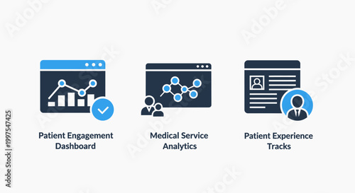 Patient engagement dashboard medical service analytics patient experience tracker icons with dashboard healthcare analysis pictogram illustration technology software application management