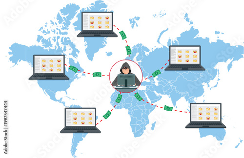 Global Cybercrime Illustration Showing Hacker Attacking Laptops and Stealing Money Across World Map