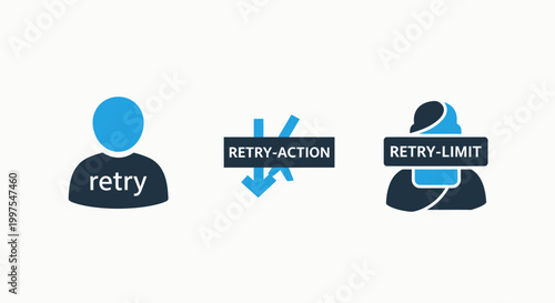 Retry action and limit icons representing user attempts and system restrictions in digital interfaces with dark blue light blue white background try again attempt limit user interface