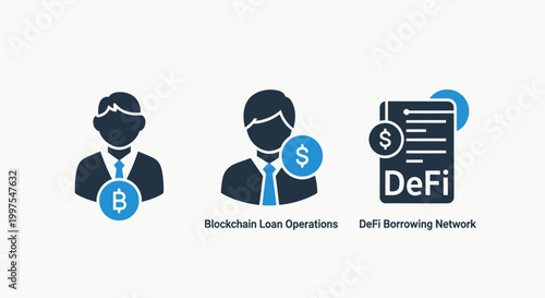 Blockchain loan operators and de fi borrowing network icons for decentralized finance technology with decentralized blockchain operators borrowing cryptocurrency currency investment technology