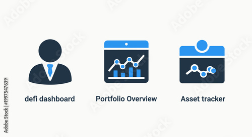 Financial technology icons: user profile portfolio overview asset tracker with person icon stock chart data visualization investment strategy portfolio management personal finance online finance