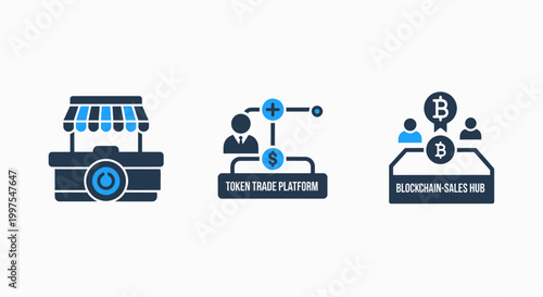 Digital transformation icons: retail store network connection cryptocurrency exchange with online store e commerce digital currency finance icon business icon technology icon storefront