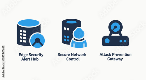 Cybersecurity icons: edge security hub network control attack prevention with secure network data security access control data center digital security information security cyber defense