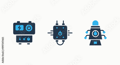 Power and energy icons: power generator electrical unit satellite with power supply power management energy production renewable energy electricity distribution orbital mechanics power grid
