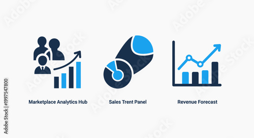 Business analytics icons depicting market growth sales funnel revenue forecast with business analytics forecast statistics marketing financial performance increase strategy planning pipeline