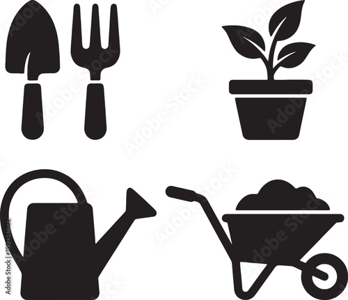 Collection of simplified gardening icons including tools plant pot watering can and wheelbarrow