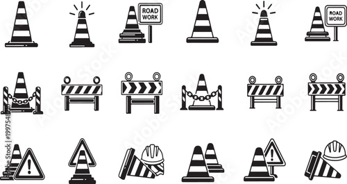 A set of road construction icons including traffic cones, road signs, and barriers on a white background