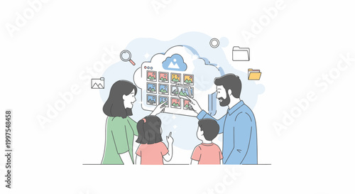 A family of four looking at a colorful digital image gallery on a large screen with various icons floating around them.