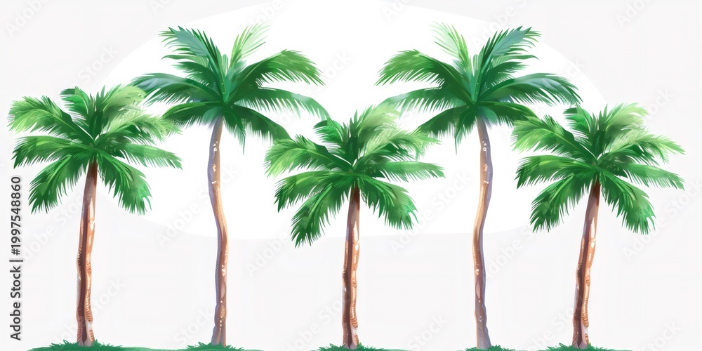 Obraz premium Five tropical palm trees standing on white background