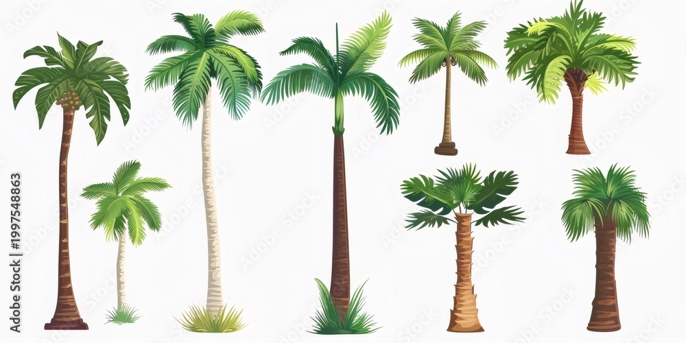 Obraz premium Various tropical palm trees vector illustration set on white