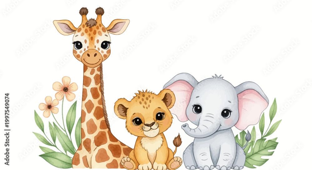 Obraz premium Cute giraffe, lion, and elephant illustration