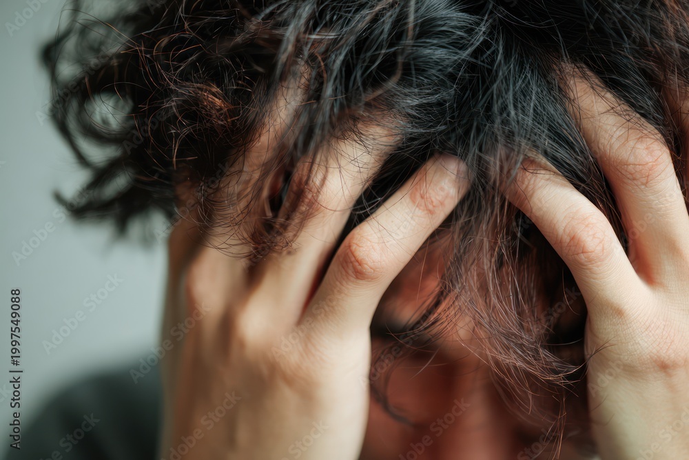 Fototapeta premium Exhausted individual with head in hands